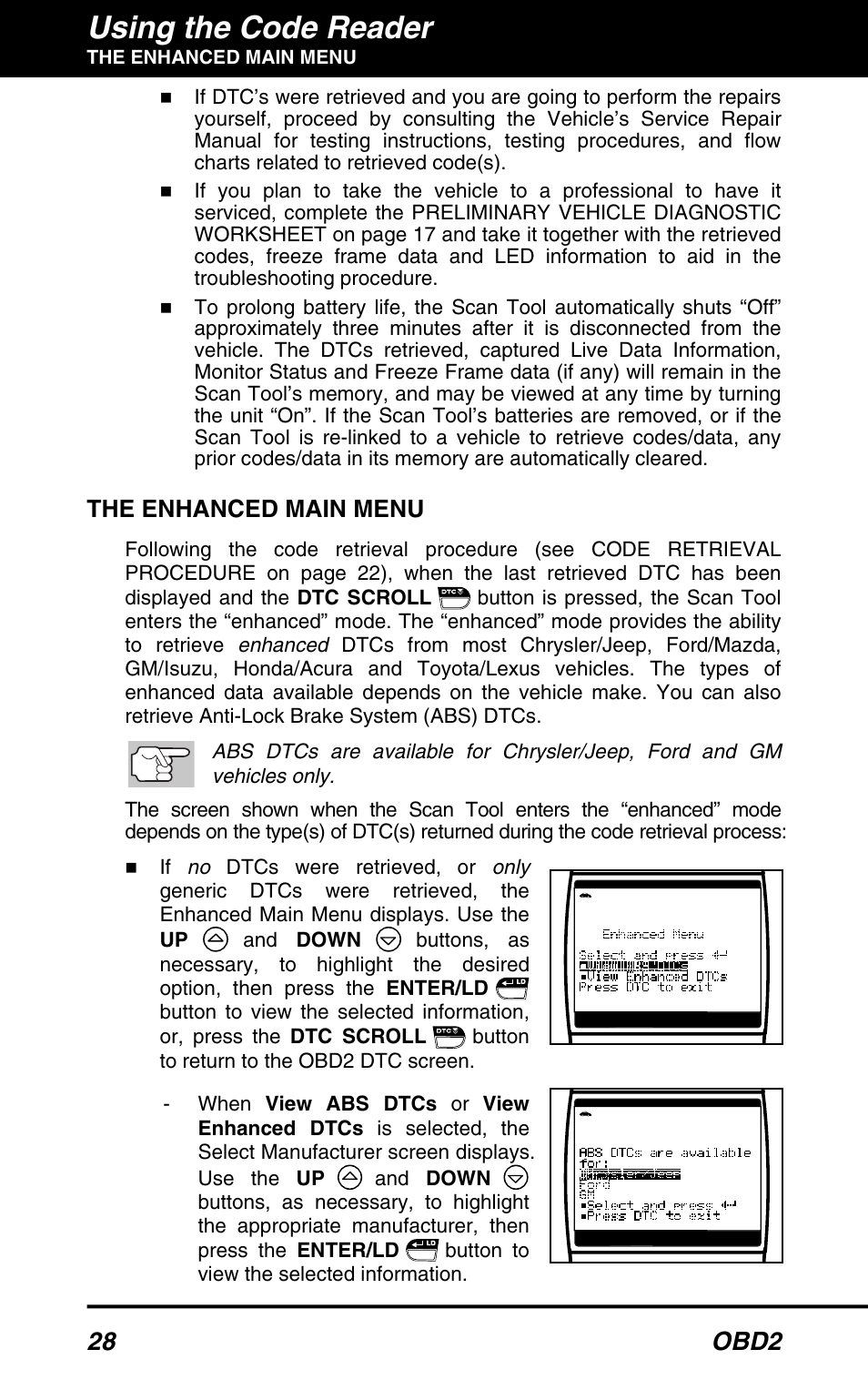 Using the code reader, 28 obd2, The enhanced main menu | Equus 3160 - ABS/SRS + OBD2 Scan Tool User Manual | Page 30 / 72