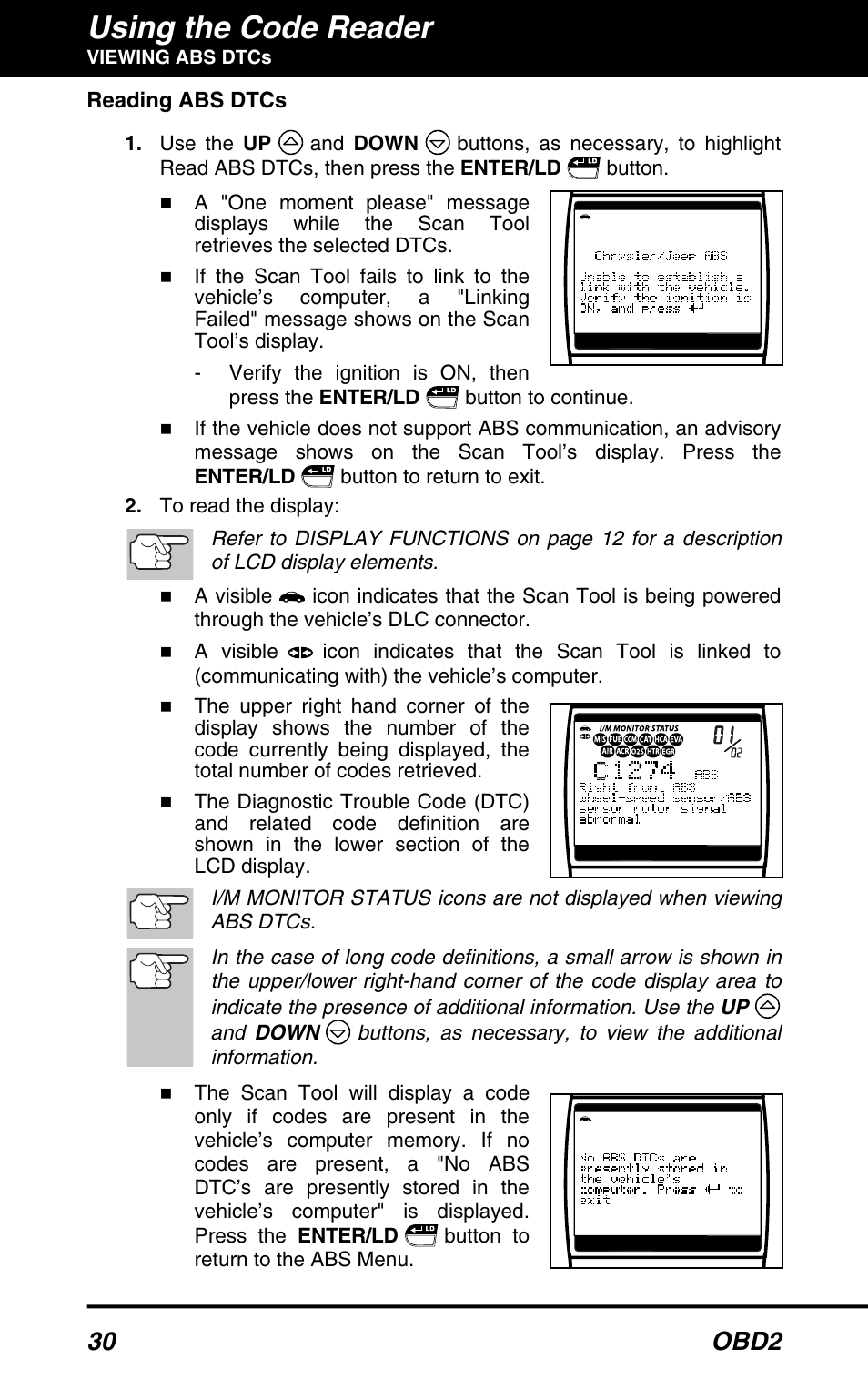 Using the code reader, 30 obd2 | Equus 3160 - ABS/SRS + OBD2 Scan Tool User Manual | Page 32 / 72