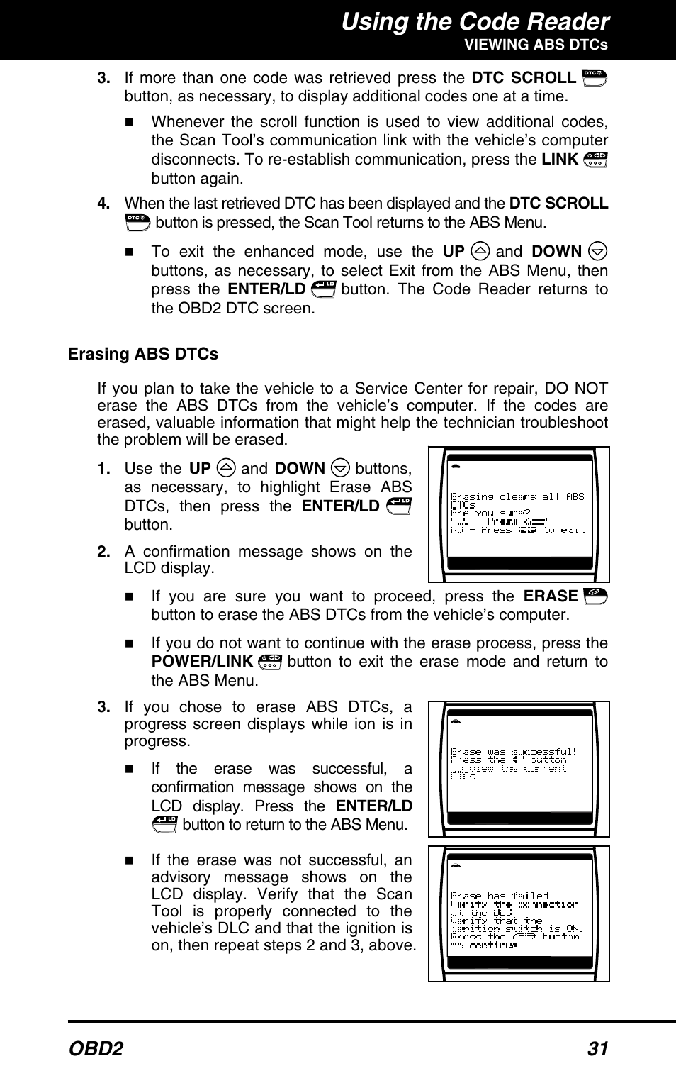 Using the code reader, Obd2 31 | Equus 3160 - ABS/SRS + OBD2 Scan Tool User Manual | Page 33 / 72