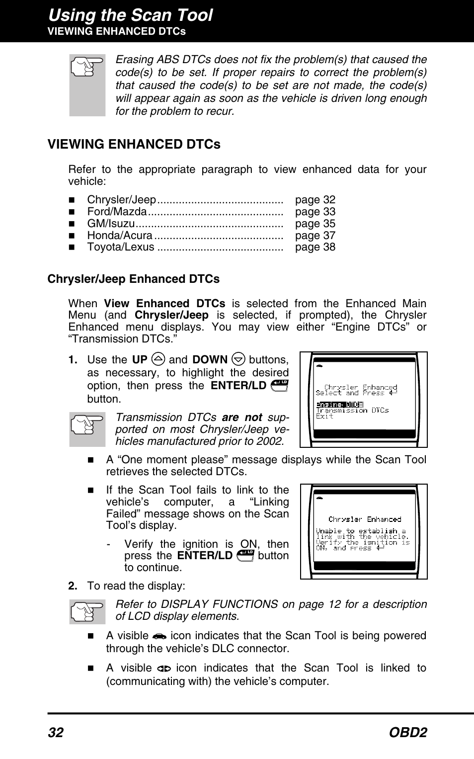 Using the scan tool, 32 obd2, Viewing enhanced dtcs | Equus 3160 - ABS/SRS + OBD2 Scan Tool User Manual | Page 34 / 72