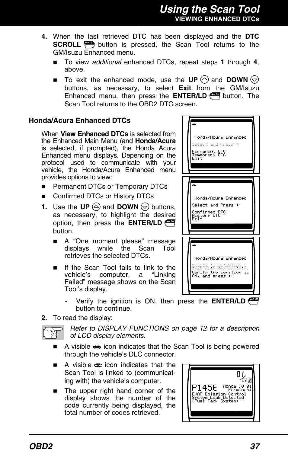 Using the scan tool, Obd2 37 | Equus 3160 - ABS/SRS + OBD2 Scan Tool User Manual | Page 39 / 72