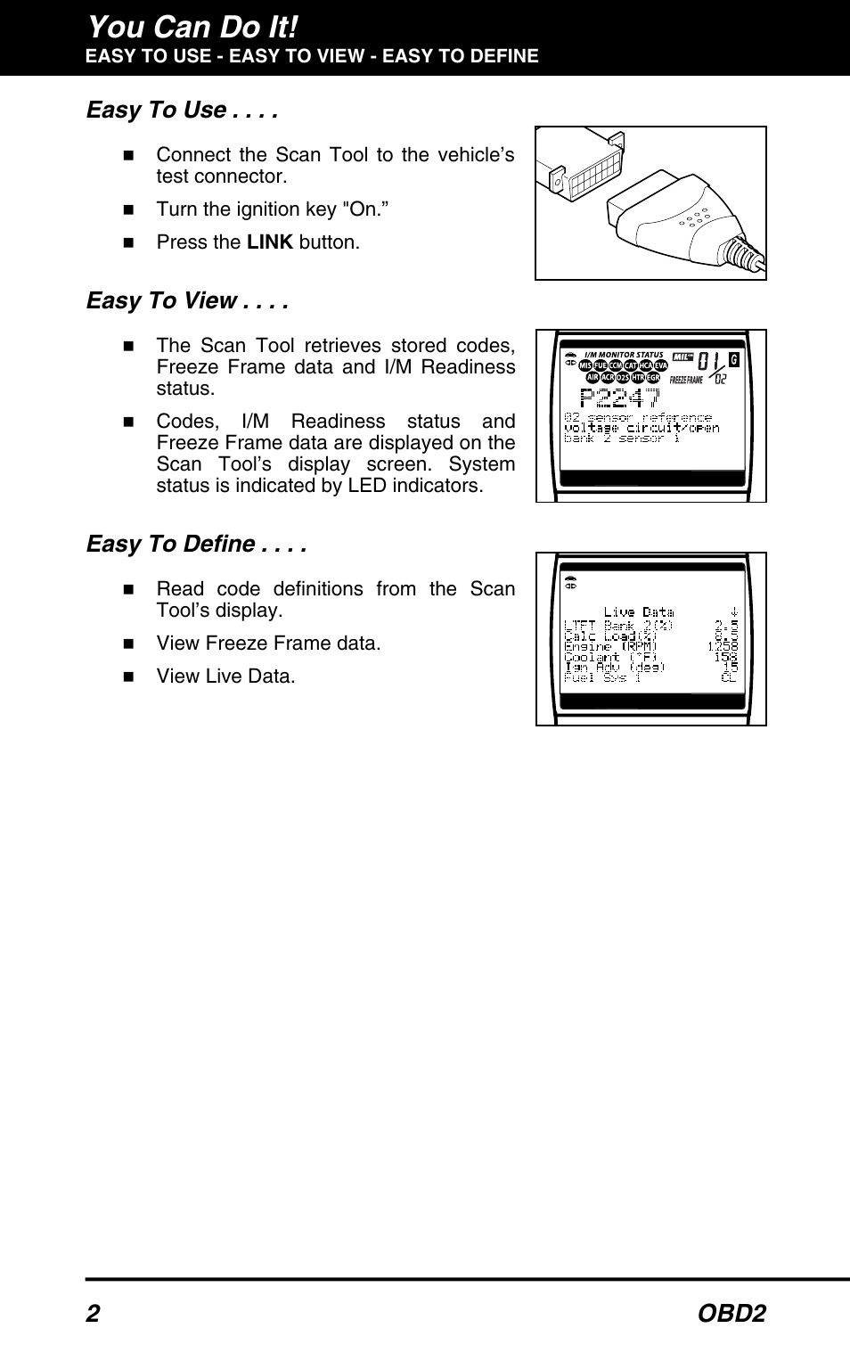 You can do it, 2 obd2, Easy to use | Easy to view, Easy to define | Equus 3160 - ABS/SRS + OBD2 Scan Tool User Manual | Page 4 / 72