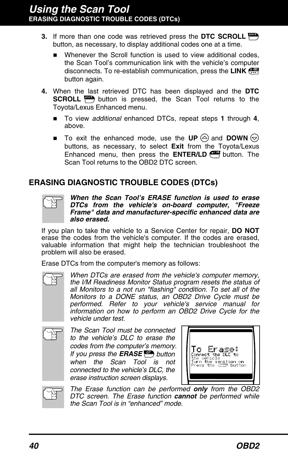 Using the scan tool, 40 obd2, Erasing diagnostic trouble codes (dtcs) | Equus 3160 - ABS/SRS + OBD2 Scan Tool User Manual | Page 42 / 72