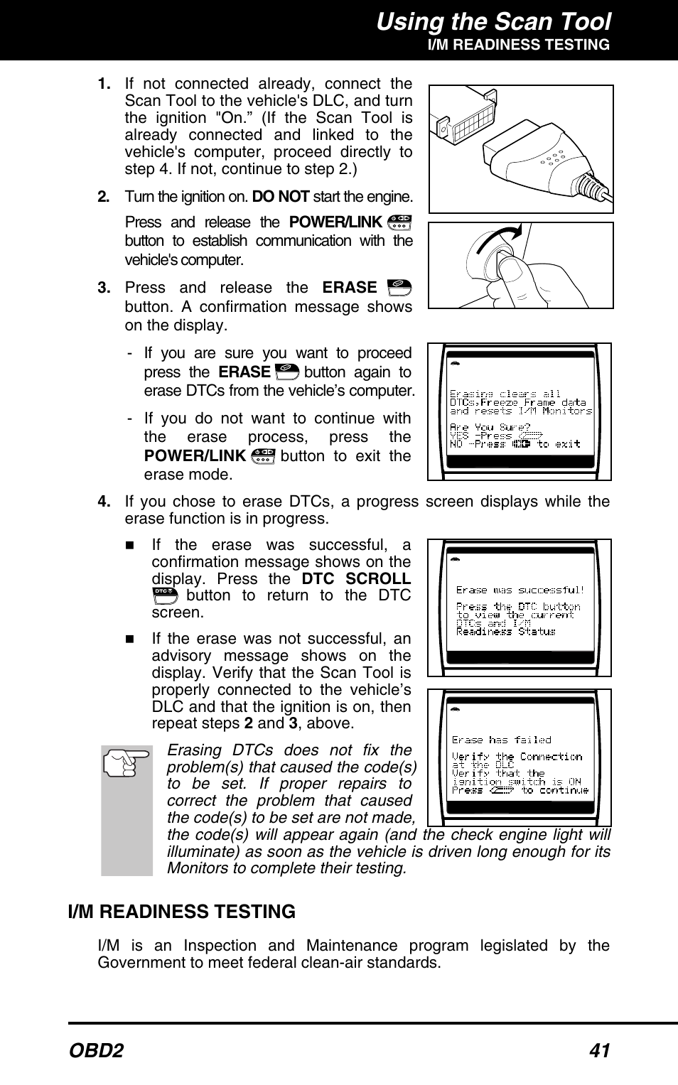 Using the scan tool, Obd2 41, I/m readiness testing | Equus 3160 - ABS/SRS + OBD2 Scan Tool User Manual | Page 43 / 72