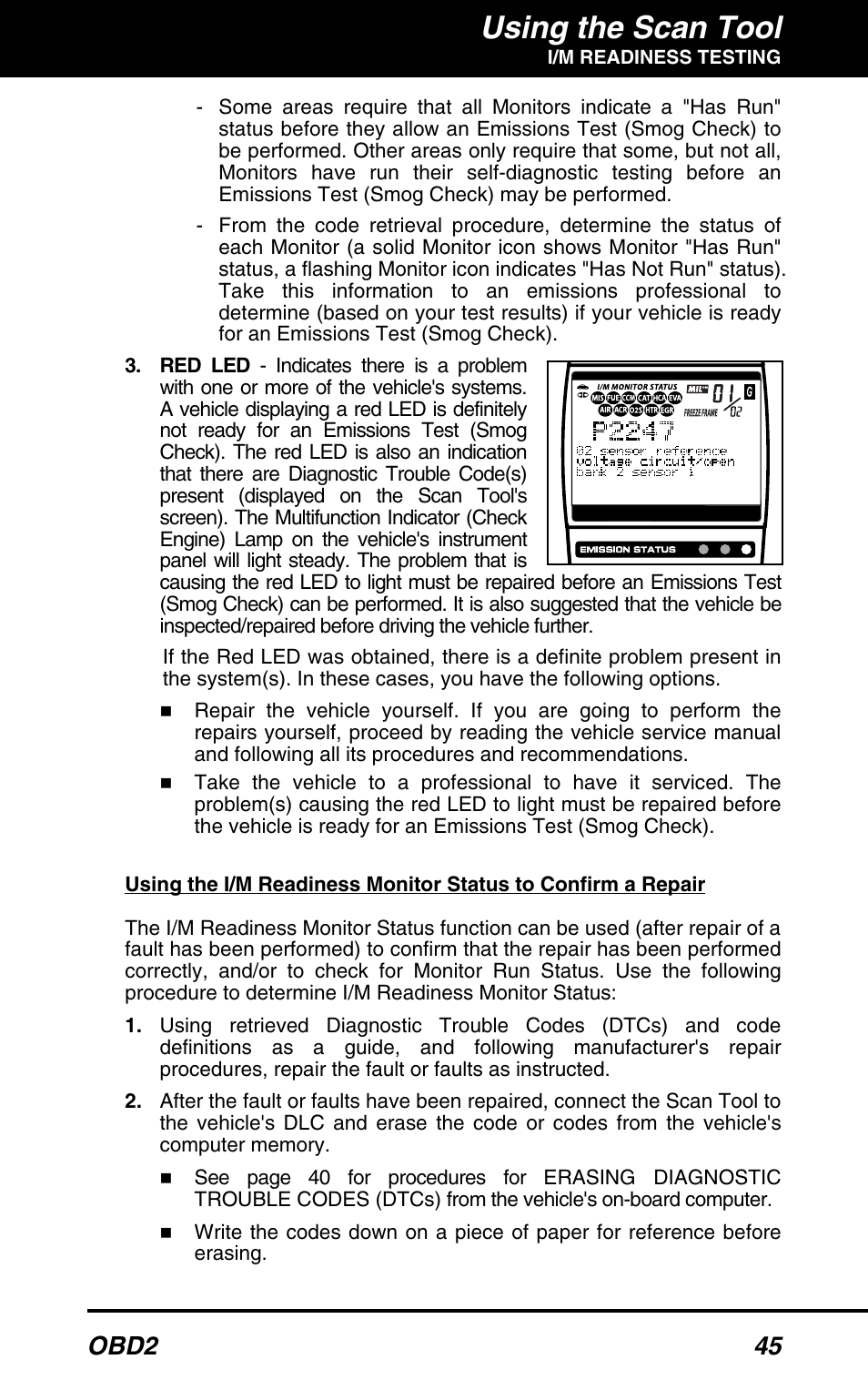 Using the scan tool, Obd2 45 | Equus 3160 - ABS/SRS + OBD2 Scan Tool User Manual | Page 47 / 72