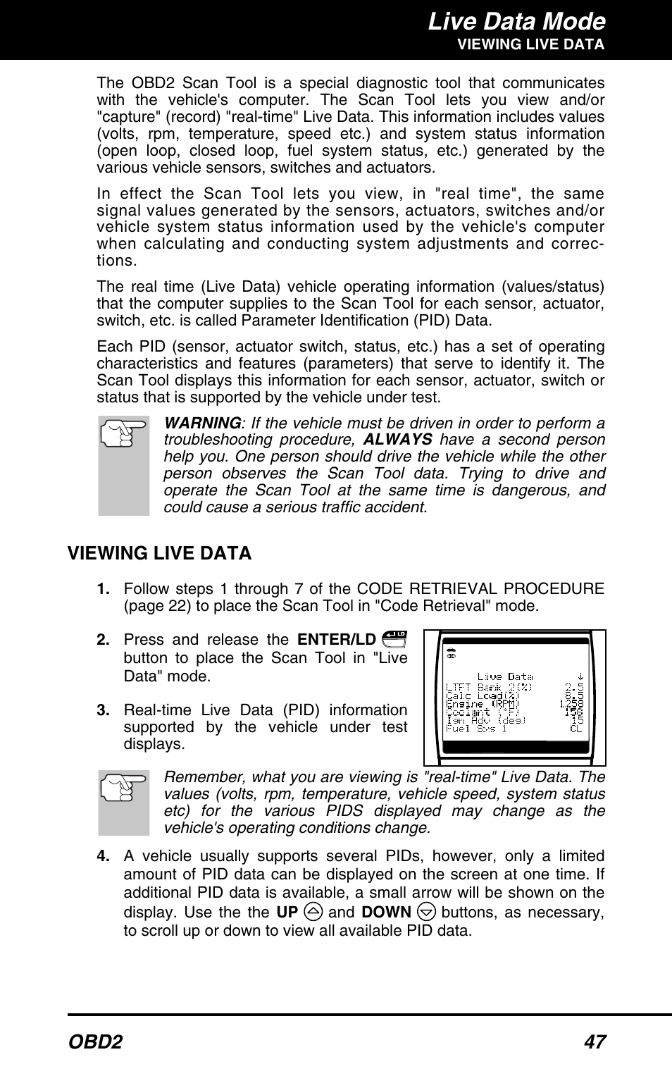 Live data mode, Obd2 47, Viewing live data | Equus 3160 - ABS/SRS + OBD2 Scan Tool User Manual | Page 49 / 72