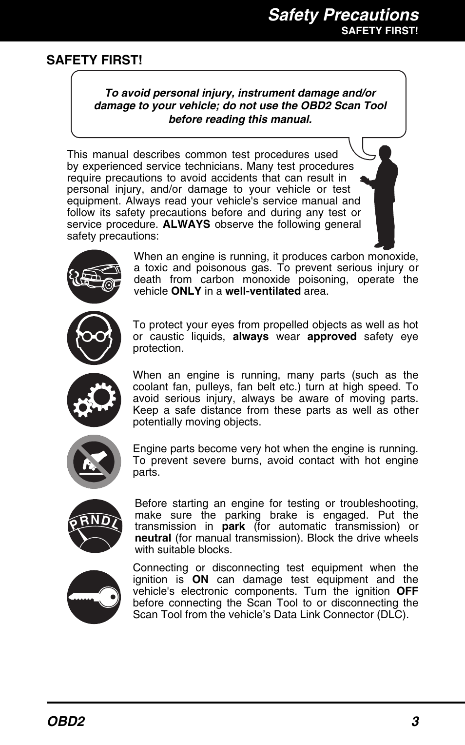 Safety precautions, Obd2 3 | Equus 3160 - ABS/SRS + OBD2 Scan Tool User Manual | Page 5 / 72