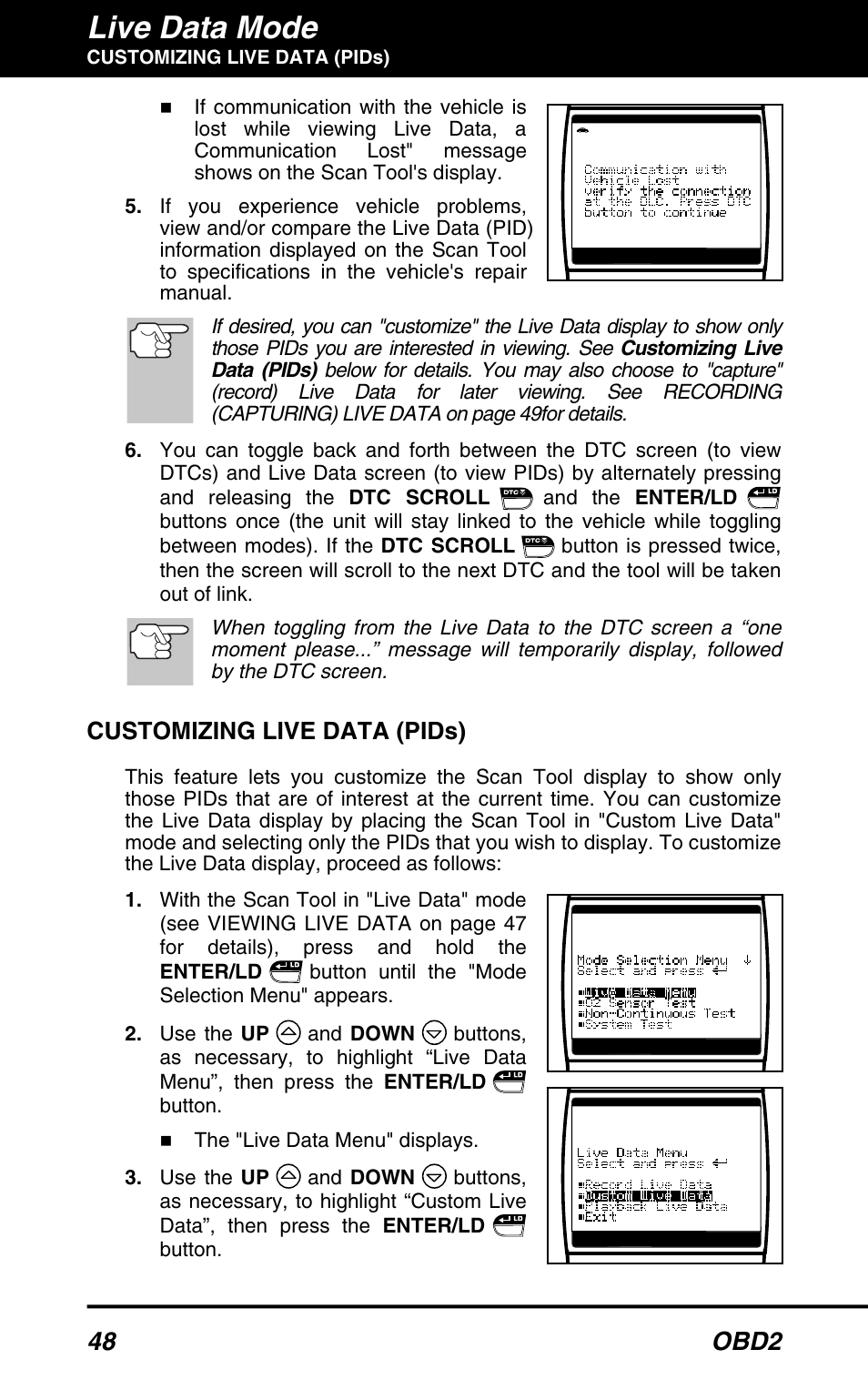 Live data mode, 48 obd2, Customizing live data (pids) | Equus 3160 - ABS/SRS + OBD2 Scan Tool User Manual | Page 50 / 72