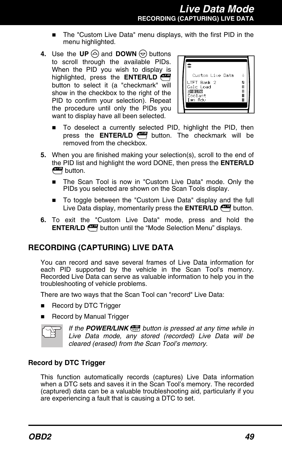 Live data mode, Obd2 49, Recording (capturing) live data | Equus 3160 - ABS/SRS + OBD2 Scan Tool User Manual | Page 51 / 72