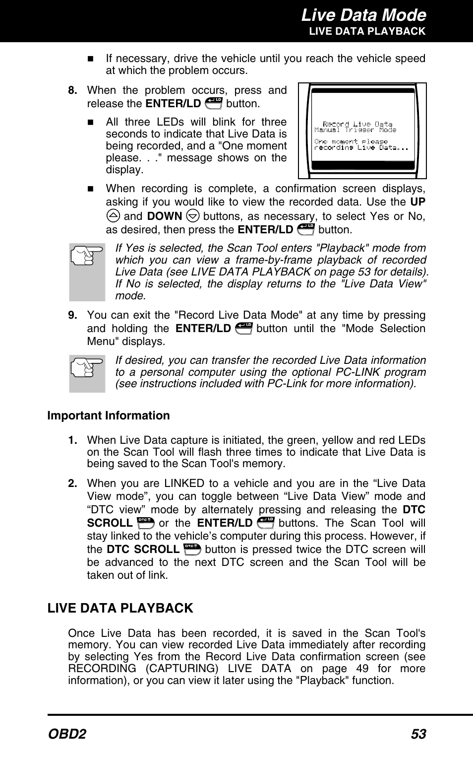 Live data mode, Obd2 53, Live data playback | Equus 3160 - ABS/SRS + OBD2 Scan Tool User Manual | Page 55 / 72