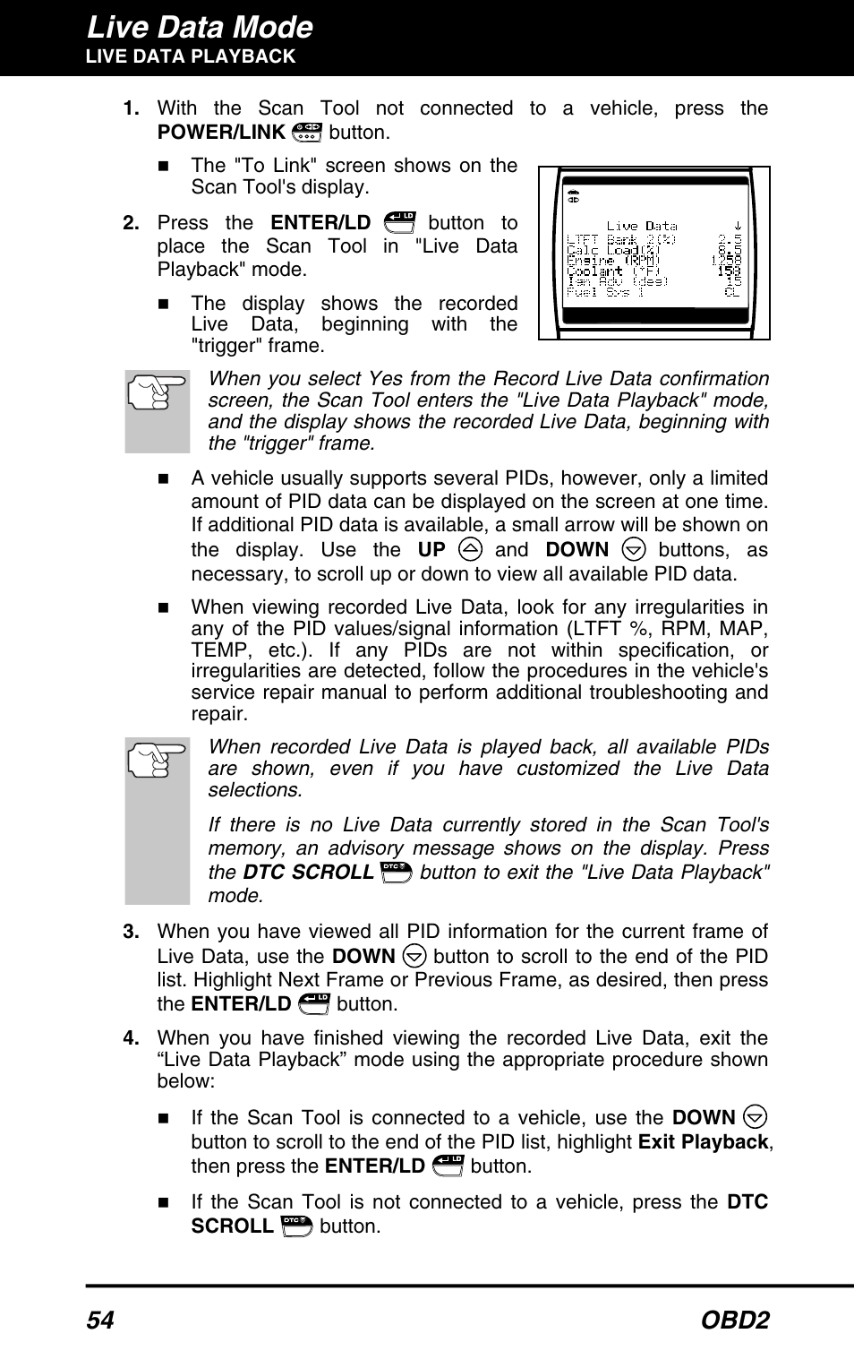 Live data mode, 54 obd2 | Equus 3160 - ABS/SRS + OBD2 Scan Tool User Manual | Page 56 / 72