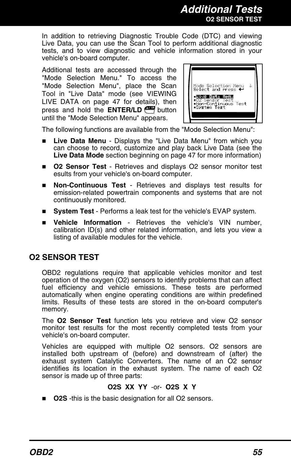 Additional tests, Obd2 55, O2 sensor test | Equus 3160 - ABS/SRS + OBD2 Scan Tool User Manual | Page 57 / 72