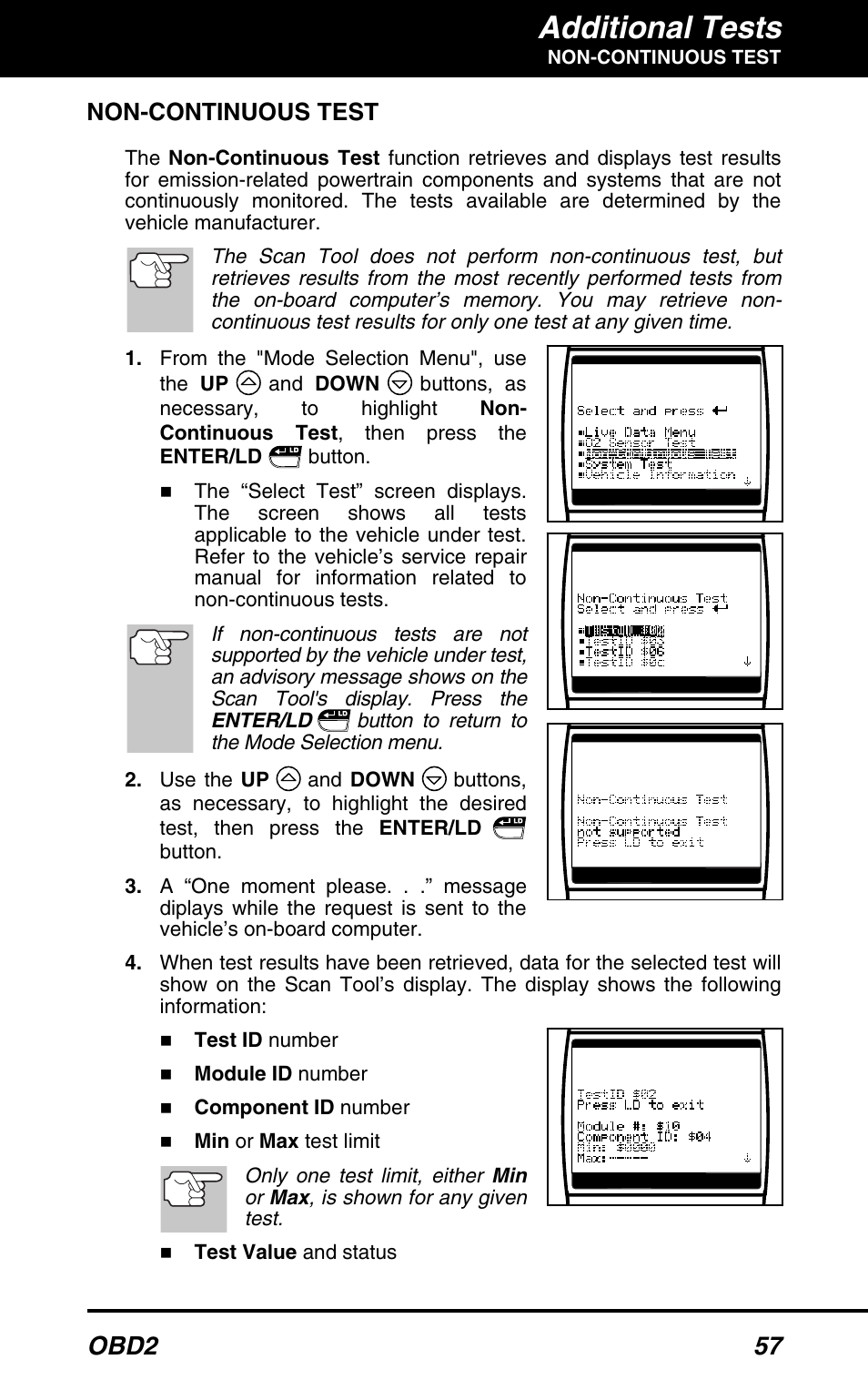 Additional tests, Obd2 57, Non-continuous test | Equus 3160 - ABS/SRS + OBD2 Scan Tool User Manual | Page 59 / 72