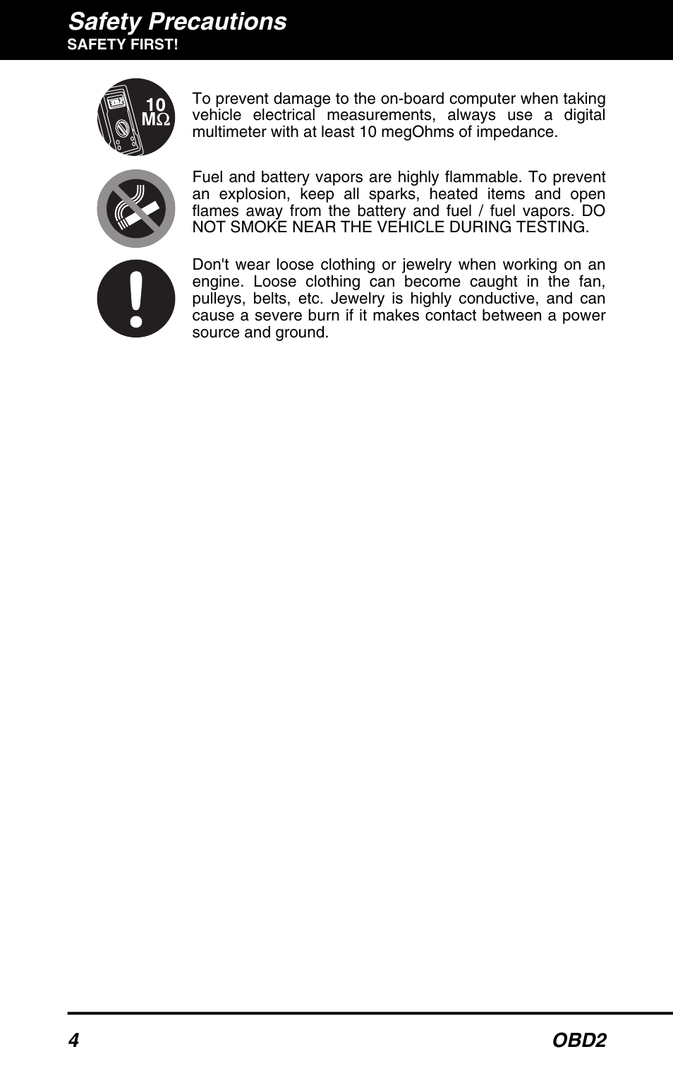 Safety precautions, 4 obd2 | Equus 3160 - ABS/SRS + OBD2 Scan Tool User Manual | Page 6 / 72