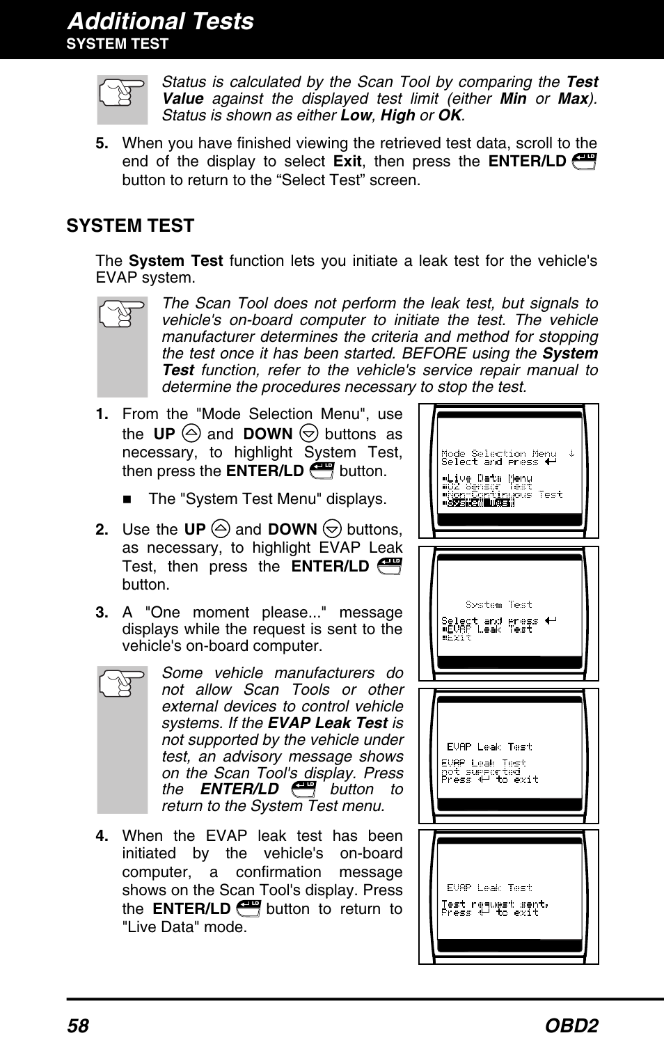 Additional tests, 58 obd2, System test | Equus 3160 - ABS/SRS + OBD2 Scan Tool User Manual | Page 60 / 72