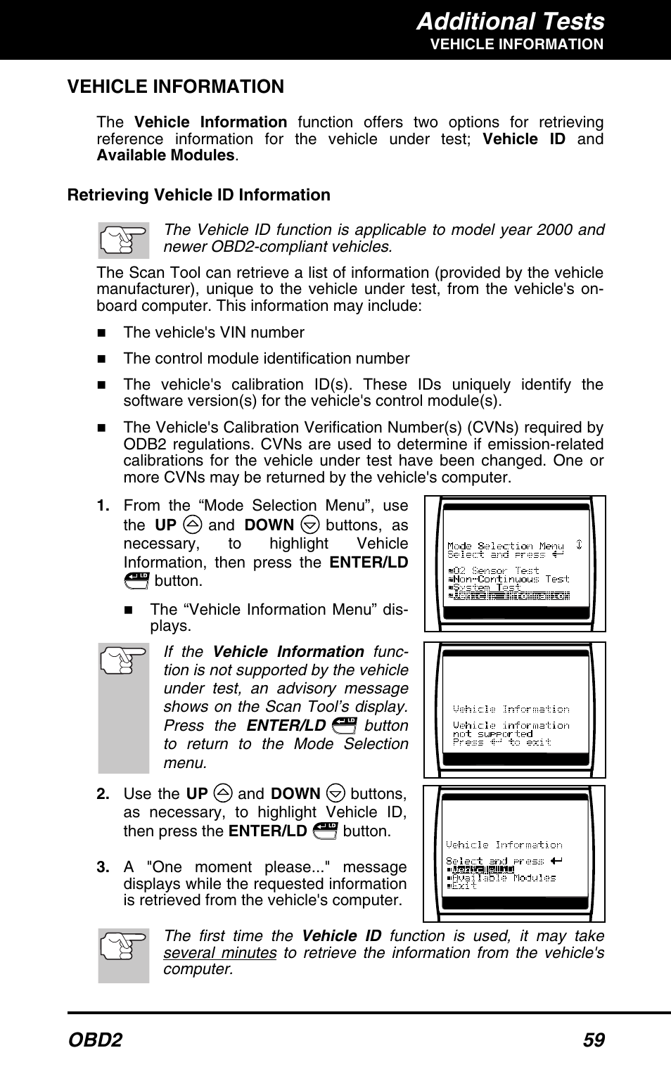 Additional tests, Obd2 59, Vehicle information | Equus 3160 - ABS/SRS + OBD2 Scan Tool User Manual | Page 61 / 72