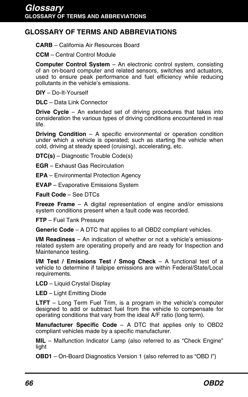 Glossary, 66 obd2, Glossary of terms and abbreviations | Equus 3160 - ABS/SRS + OBD2 Scan Tool User Manual | Page 68 / 72