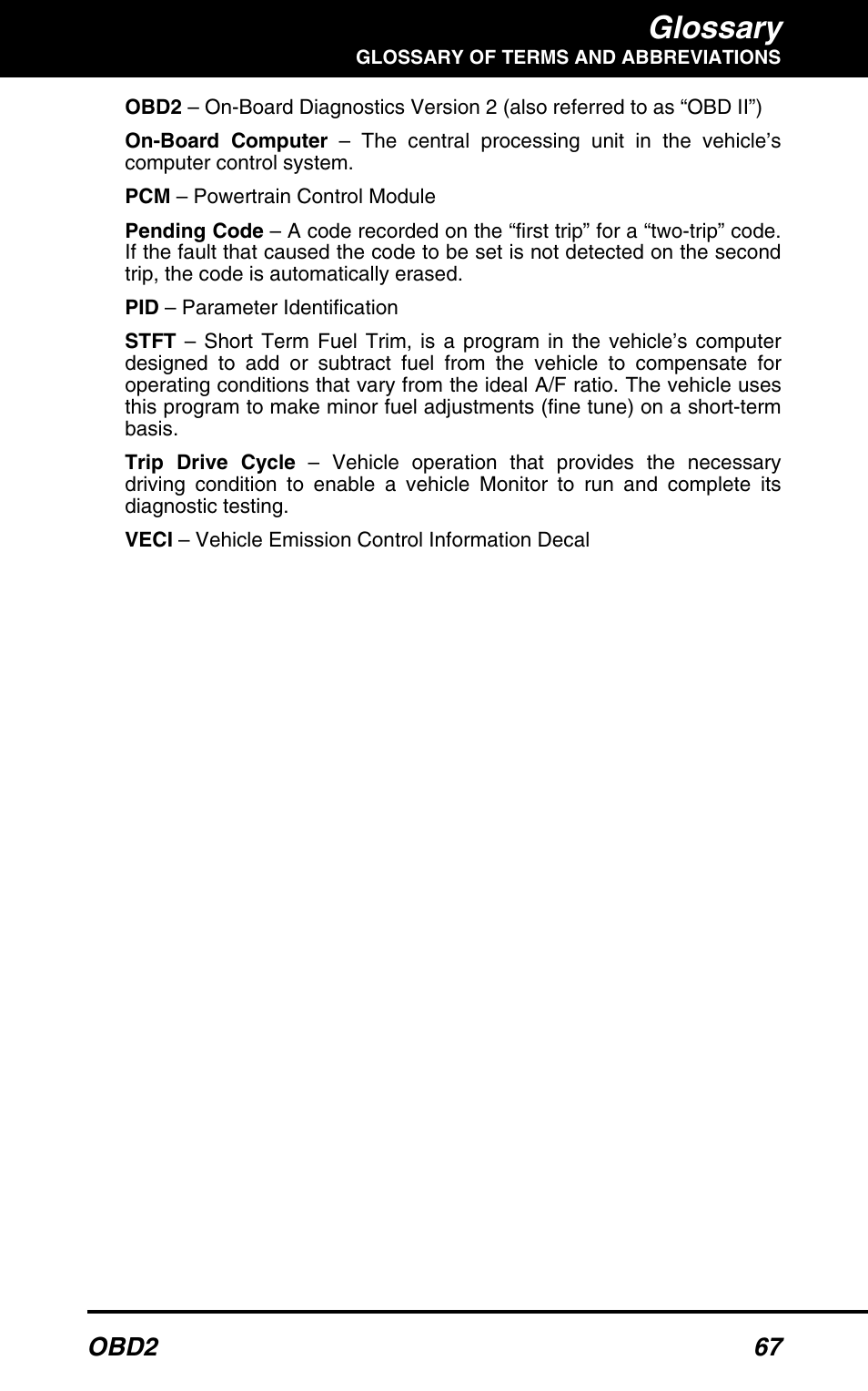 Glossary, Obd2 67 | Equus 3160 - ABS/SRS + OBD2 Scan Tool User Manual | Page 69 / 72