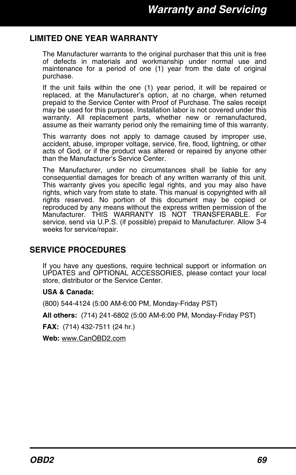 Warranty and servicing, Obd2 69, Limited one year warranty | Service procedures | Equus 3160 - ABS/SRS + OBD2 Scan Tool User Manual | Page 71 / 72