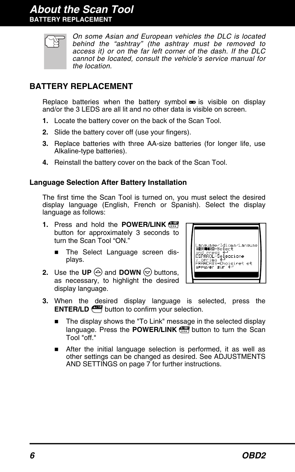 About the scan tool, 6 obd2, Battery replacement | Equus 3160 - ABS/SRS + OBD2 Scan Tool User Manual | Page 8 / 72