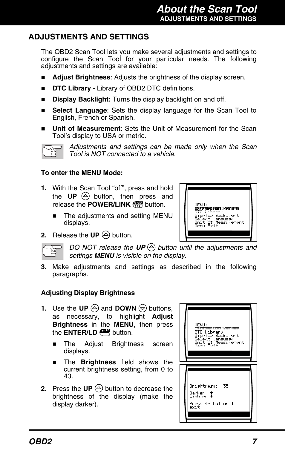 About the scan tool, Obd2 7, Adjustments and settings | Equus 3160 - ABS/SRS + OBD2 Scan Tool User Manual | Page 9 / 72