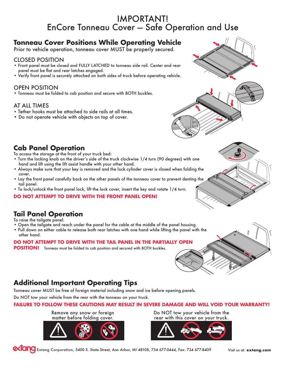 Tonneau cover positions while operating vehicle, Cab panel operation, Tail panel operation | Additional important operating tips | Extang Encore Torno General Installation User Manual | Page 5 / 6