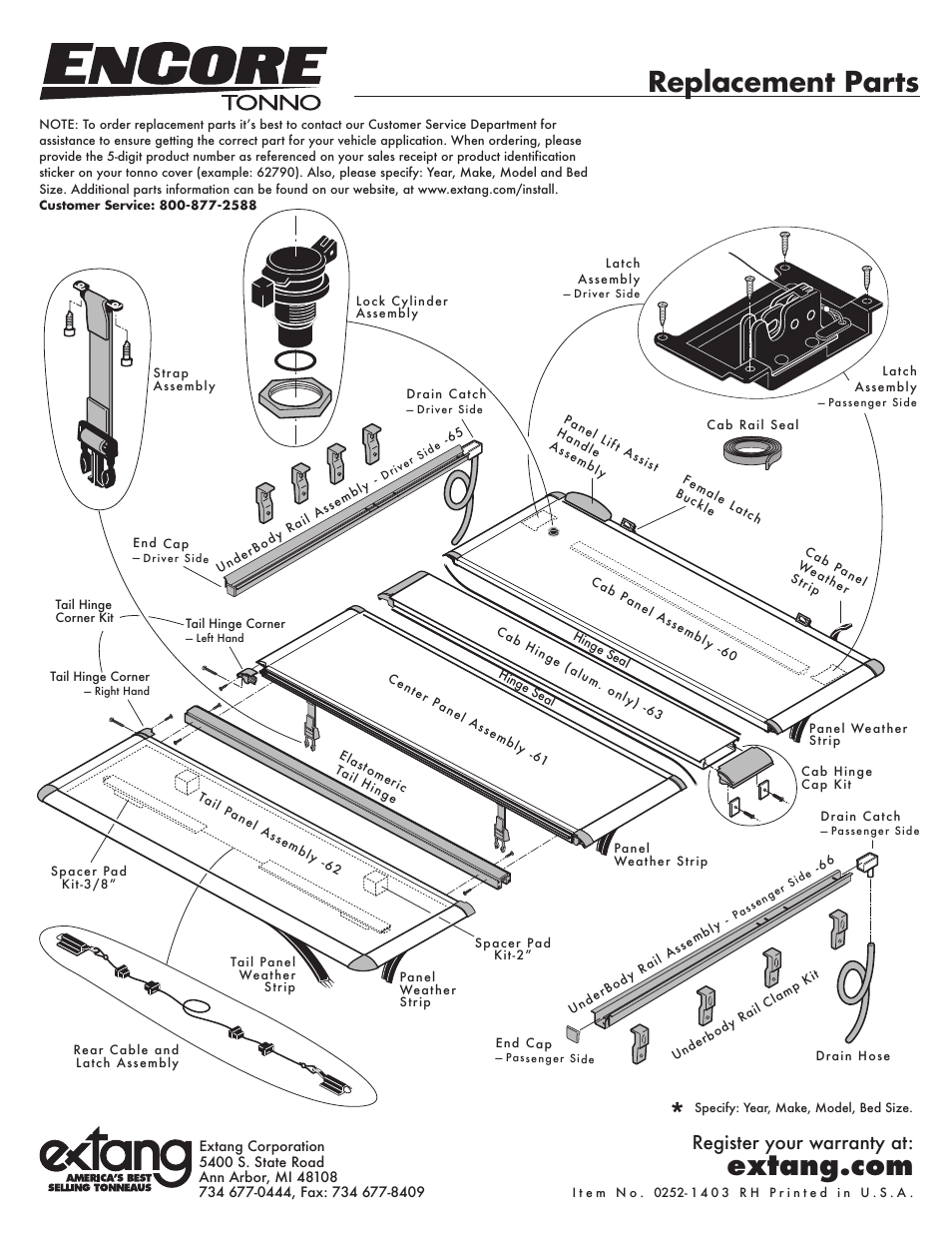 Replacement parts, Register your warranty at | Extang Encore Torno General Installation User Manual | Page 6 / 6