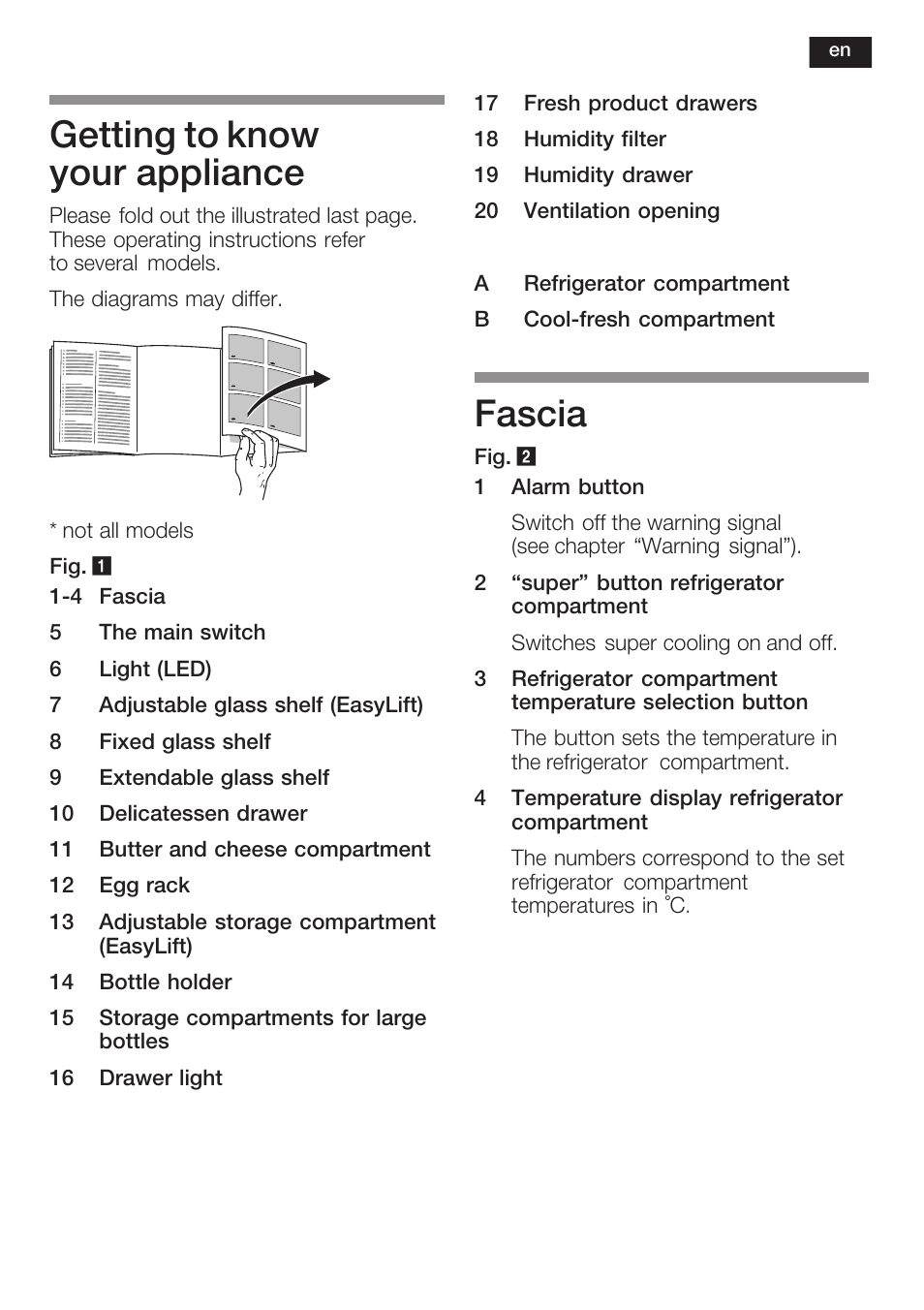 Getting to know your appliance, Fascia | Neff K8315X0 User Manual | Page 21 / 86