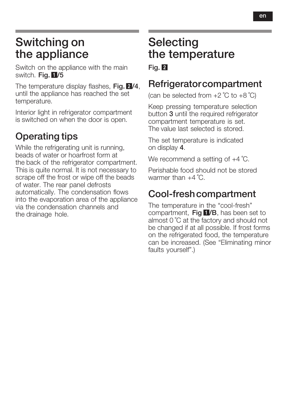 Switching on the appliance, Selecting the temperature, Operating tips | Refrigerator compartment, Coolćfresh compartment | Neff K8315X0 User Manual | Page 23 / 86