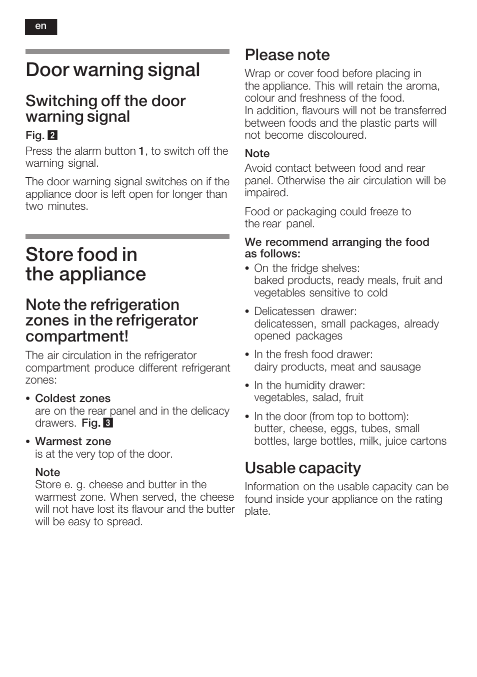 Door warning signal, Store food in the appliance, Switching off the door warning signal | Usable capacity | Neff K8315X0 User Manual | Page 24 / 86