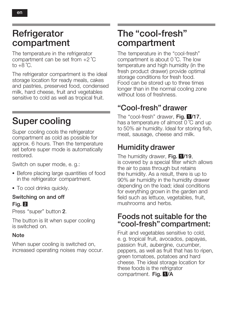 Refrigerator compartment, Super cooling, The coolćfresh" compartment | Coolćfresh" drawer, Humidity drawer | Neff K8315X0 User Manual | Page 26 / 86