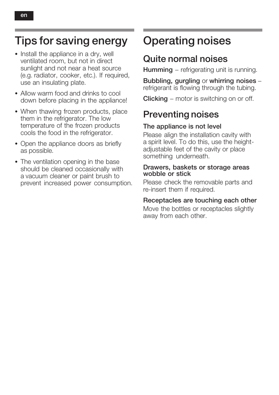 Tips for saving energy, Operating noises, Quite normal noises | Preventing noises | Neff K8315X0 User Manual | Page 30 / 86