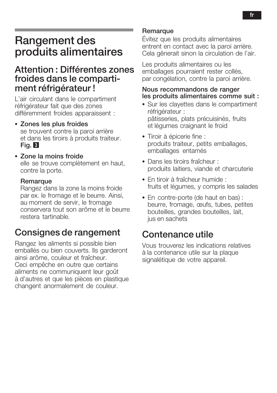 Rangement des produits alimentaires, Consignes de rangement, Contenance utile | Neff K8315X0 User Manual | Page 41 / 86