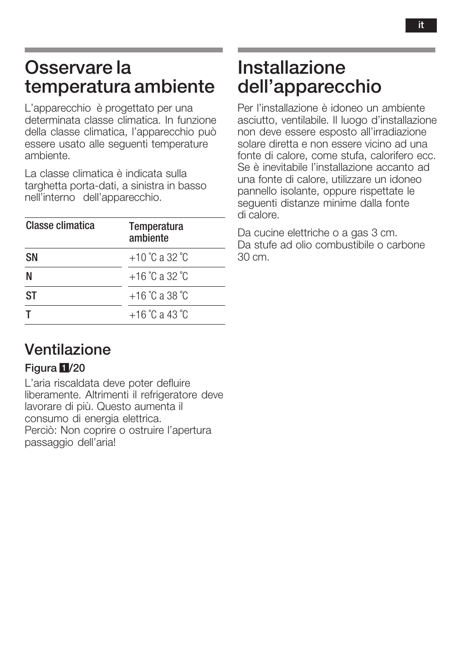 Osservare la temperatura ambiente, Installazione dell'apparecchio, Ventilazione | Neff K8315X0 User Manual | Page 55 / 86