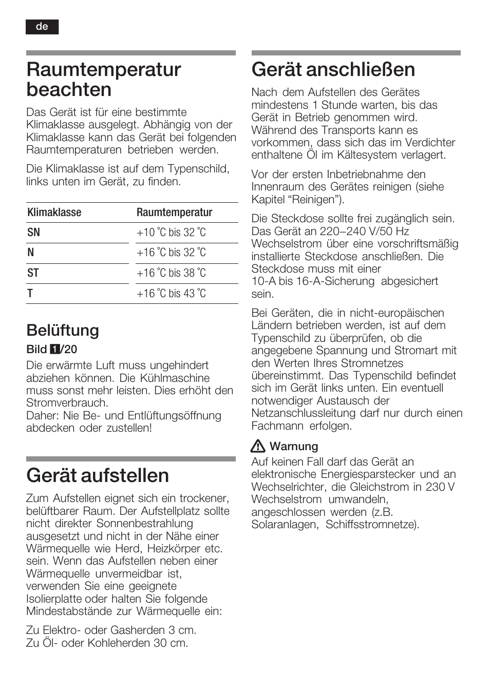 Raumtemperatur beachten, Gerät aufstellen, Gerät anschließen | Belüftung | Neff K8315X0 User Manual | Page 8 / 86