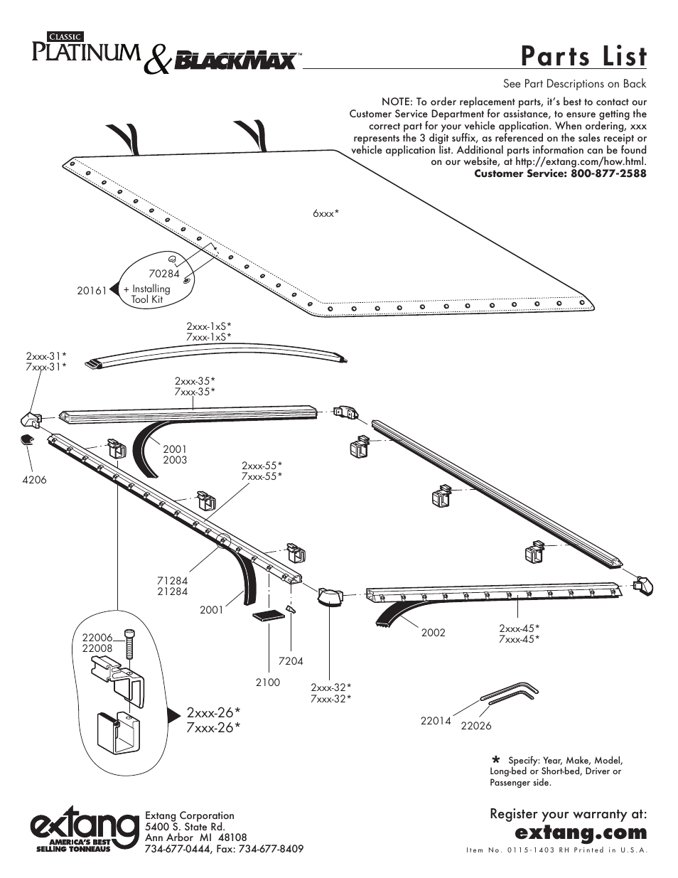 Par ts list | Extang Platinum BlackMax General Installation User Manual | Page 3 / 4