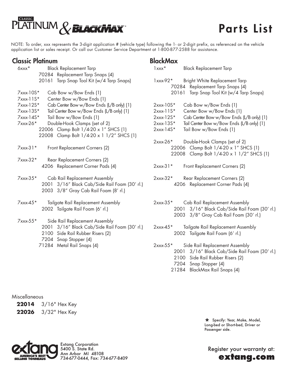 Par ts list, Classic platinum, Blackmax | Extang Platinum BlackMax General Installation User Manual | Page 4 / 4