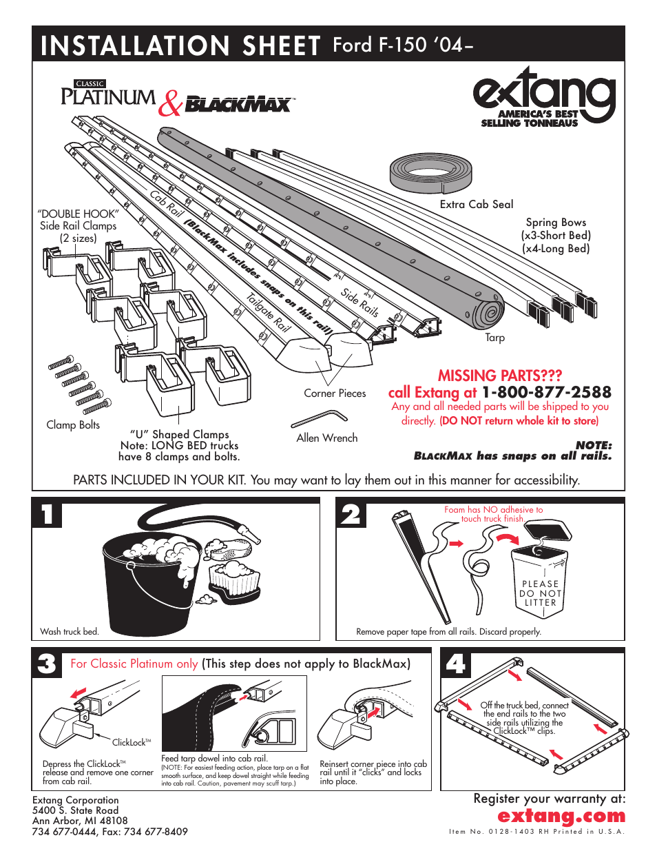 Extang Platinum BlackMax: Ford F150 04-14 User Manual | 2 pages