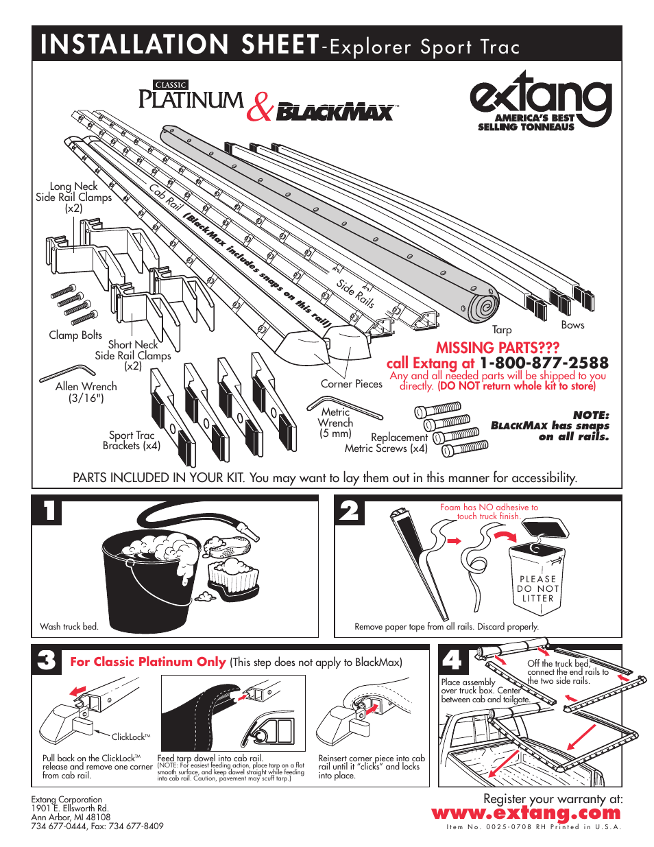 Extang Platinum BlackMax: Ford Sport Trac User Manual | 2 pages