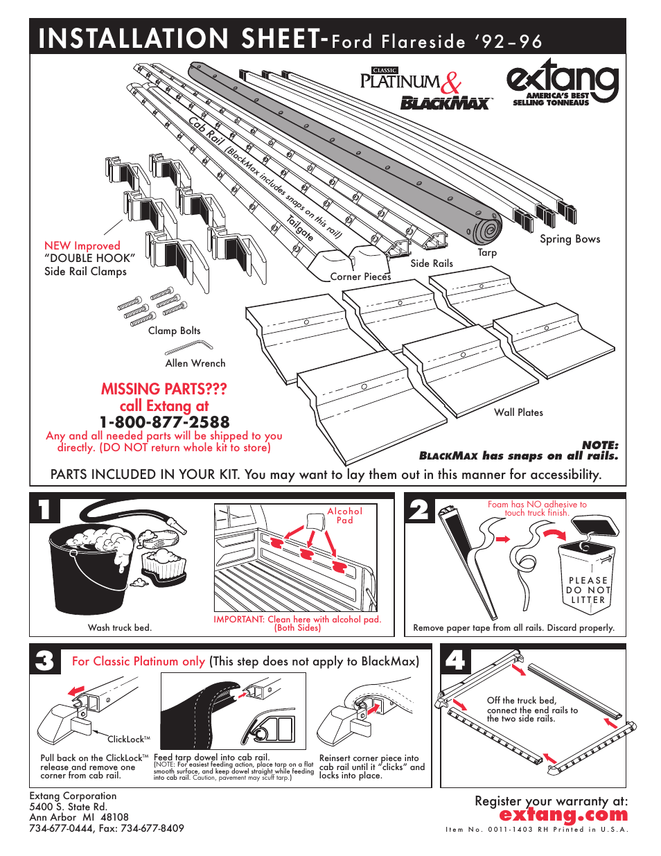 Extang Platinum BlackMax: Ford F150 Flareside 92-96 User Manual | 2 pages