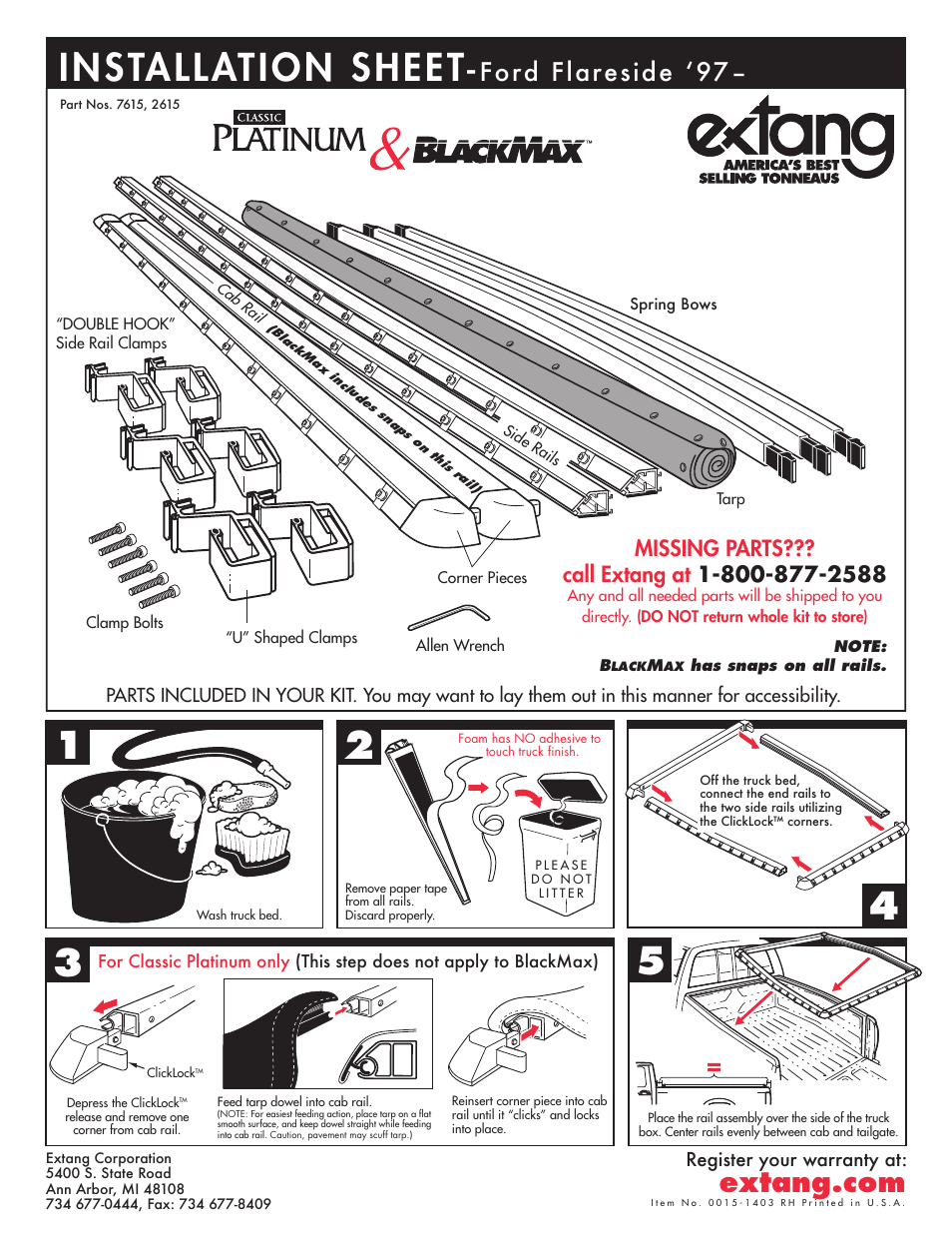 Extang Platinum BlackMax: Ford F150 Flareside 97+ User Manual | 2 pages