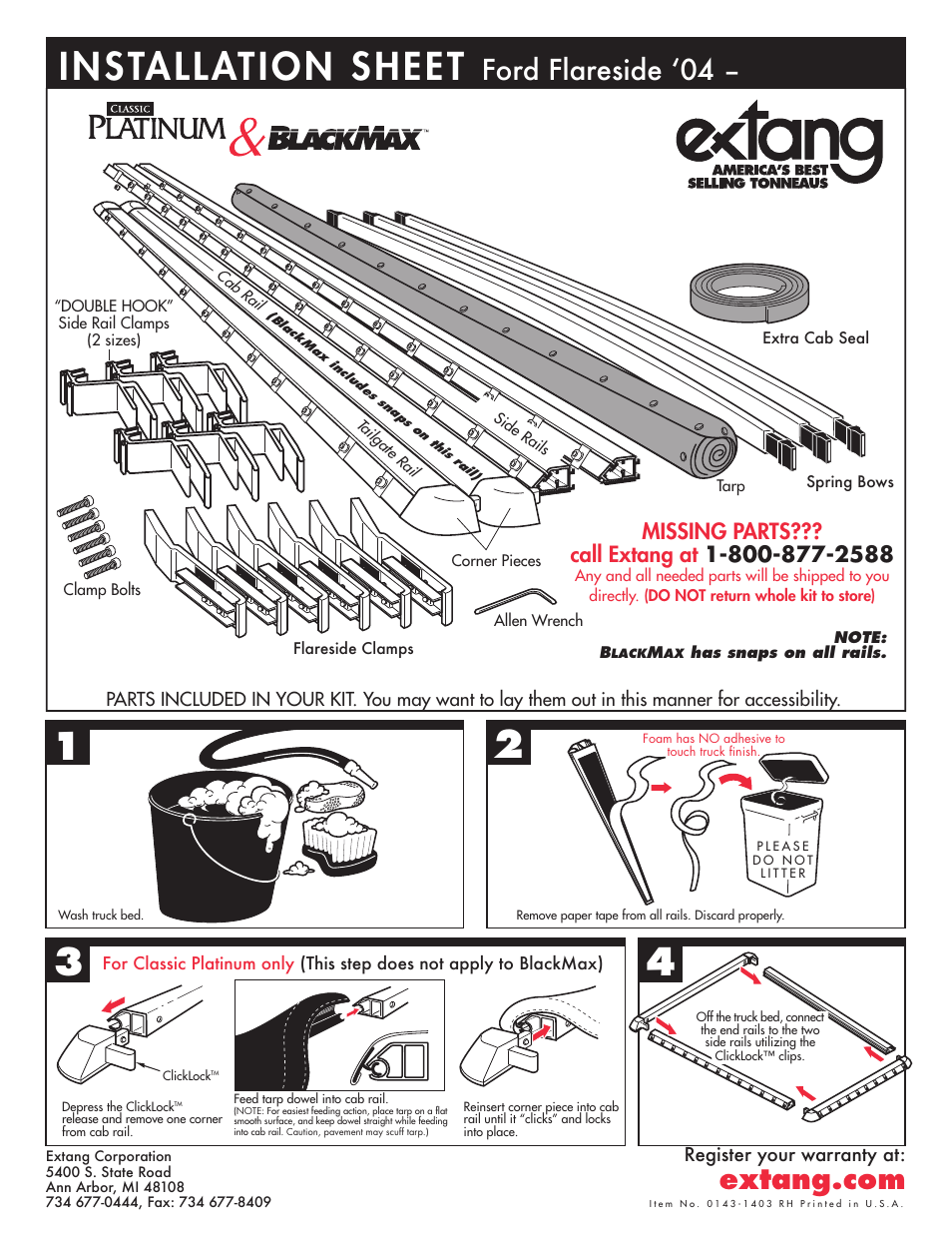 Extang Platinum BlackMax: Ford F150 Flareside 04+ User Manual | 2 pages