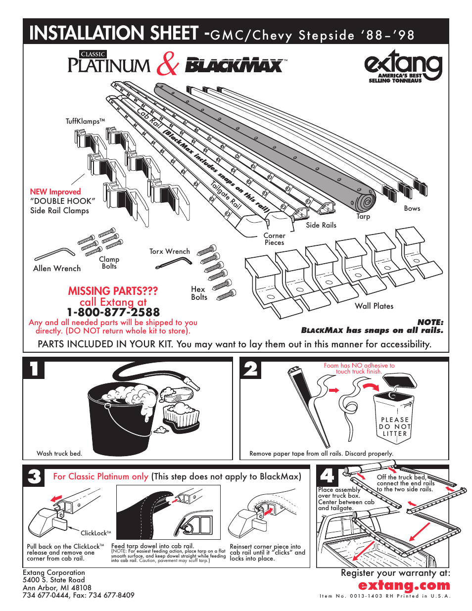 Extang Platinum BlackMax: GMC/Chevy Stepside 88-98 User Manual | 2 pages