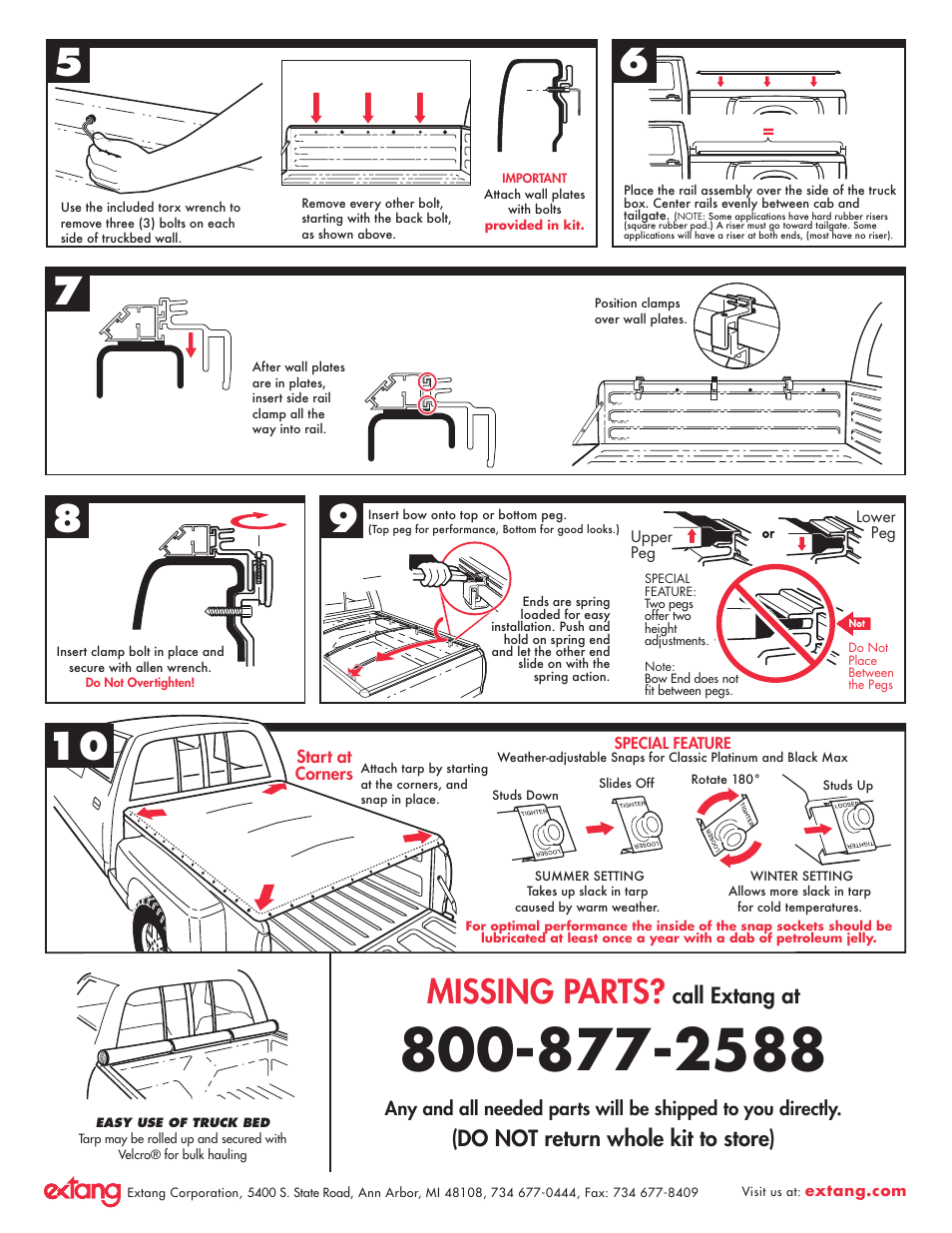 Missing parts, Call extang at, Do not return whole kit to store) | Extang Platinum BlackMax: GMC/Chevy Stepside 88-98 User Manual | Page 2 / 2