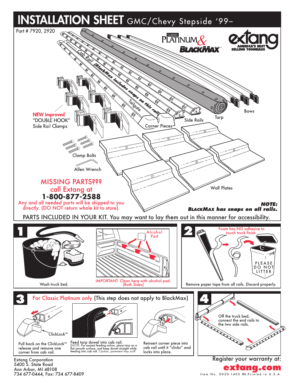 Extang Platinum BlackMax: GMC/Chevy Stepside 99+ User Manual | 2 pages