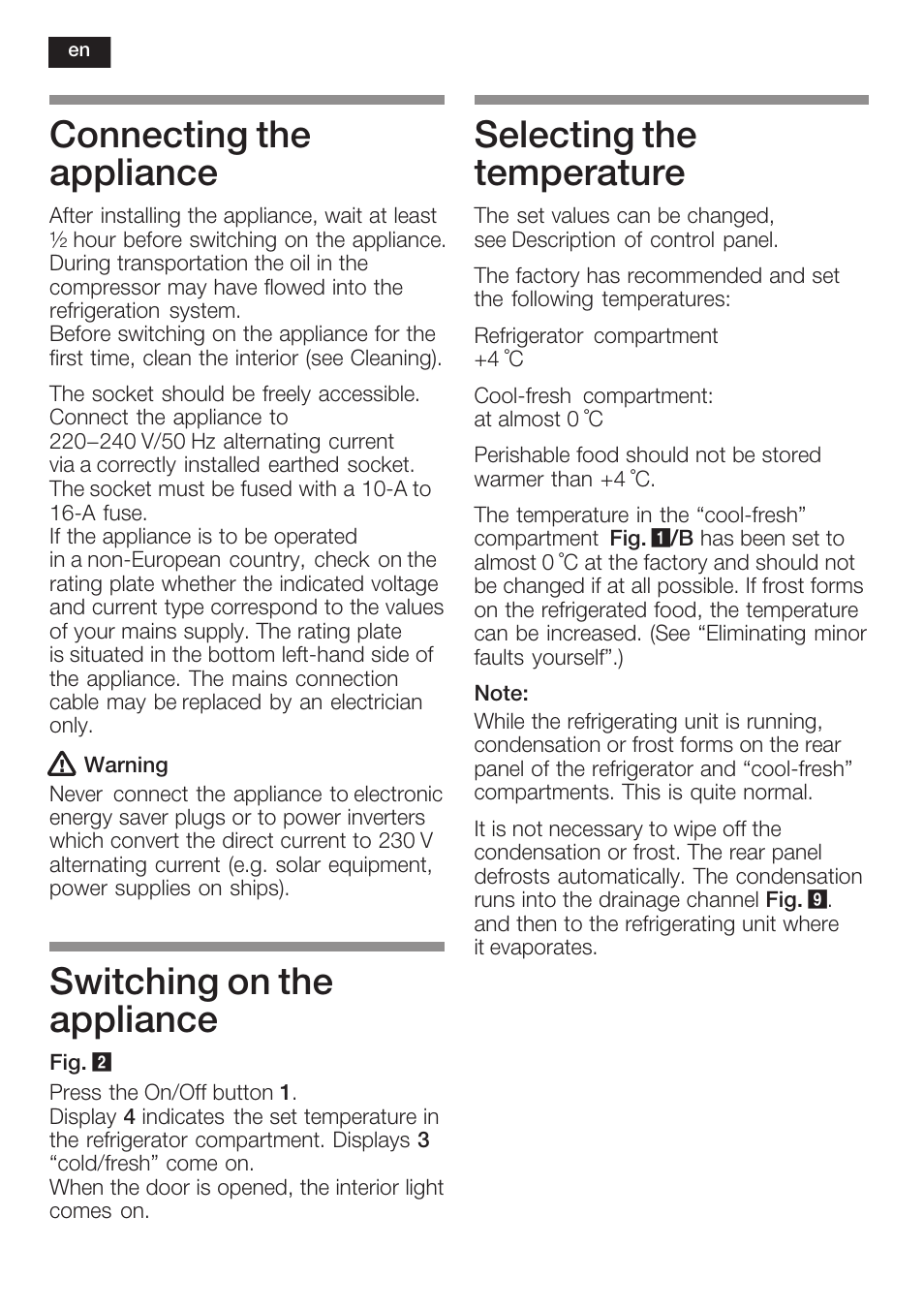 Connecting the appliance, Switching on the appliance, Selecting the temperature | Neff K5764X0 User Manual | Page 20 / 73