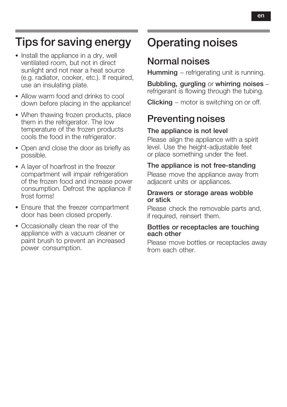 Tips for saving energy, Operating noises, Normal noises | Preventing noises | Neff K5764X0 User Manual | Page 25 / 73