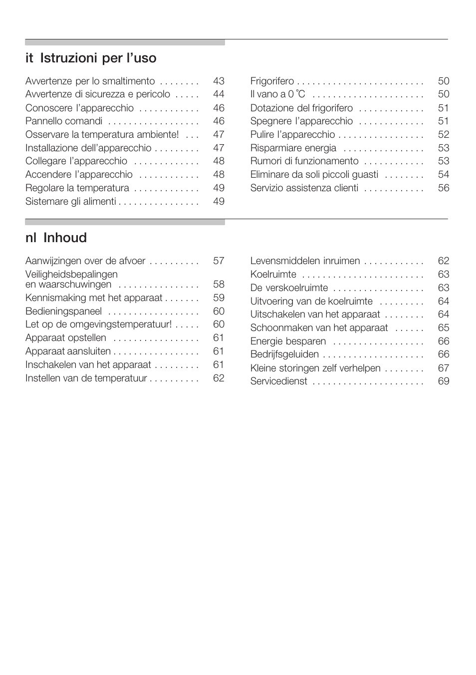 Itąistruzioni per l'uso, Nląinhoud | Neff K5764X0 User Manual | Page 3 / 73