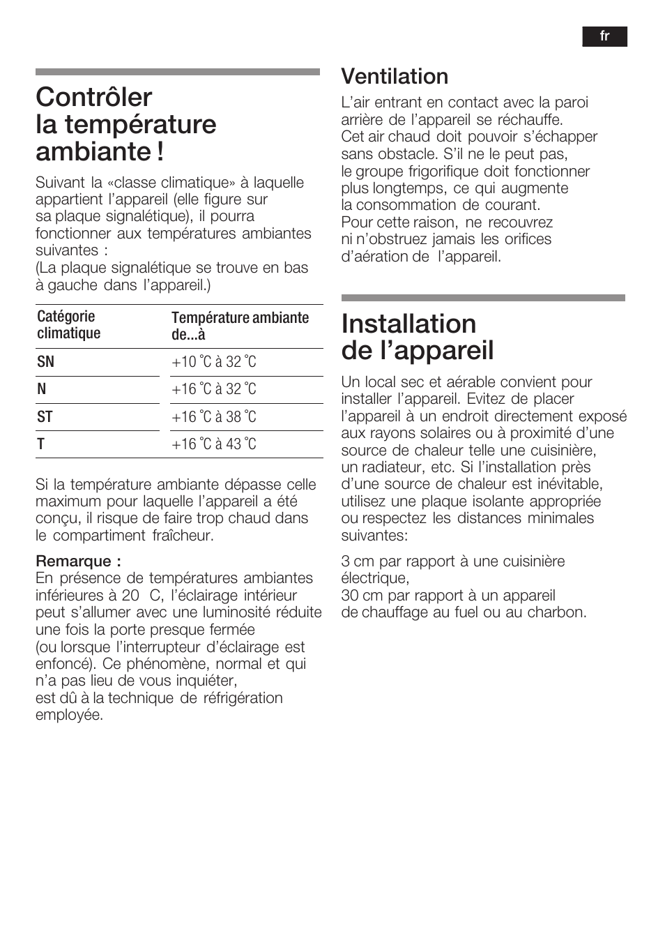 Contrôler la température ambiante, Installation de l'appareil, Ventilation | Neff K5764X0 User Manual | Page 33 / 73