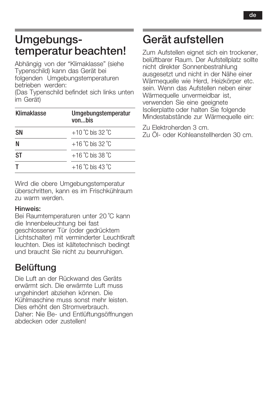 Umgebungsć temperatur beachten, Gerät aufstellen, Belüftung | Neff K5764X0 User Manual | Page 7 / 73